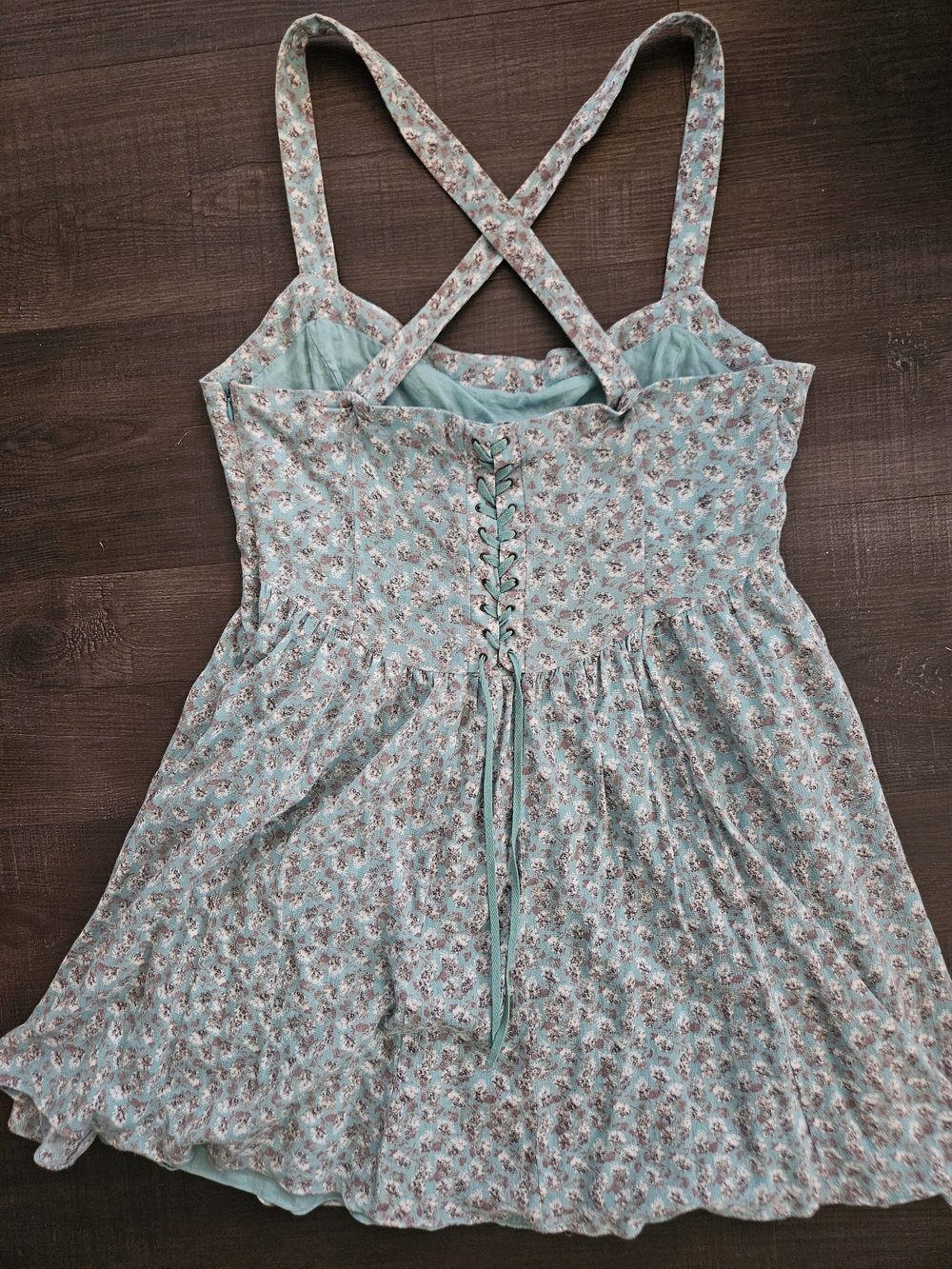 Free People Floral Corset Lace Up Mini Dress Blue / Teal Cottagecore Size 10 - Picture 2 of 8